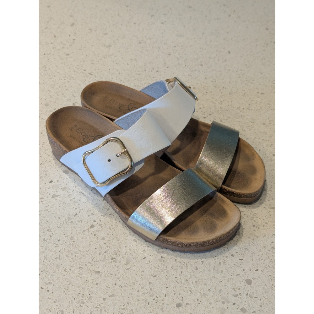 Bos & Co. Lapo‎ Slip On Wedge Cork Sandals White Gold Leather Size EU 39 US 8 - Picture 3 of 8
